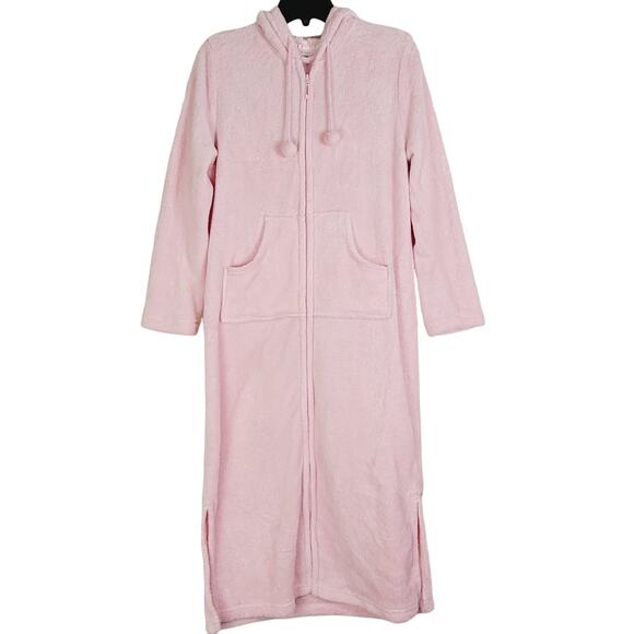PINK womens full length pink fleece zip front hooded robe size small - Picture 1 of 9